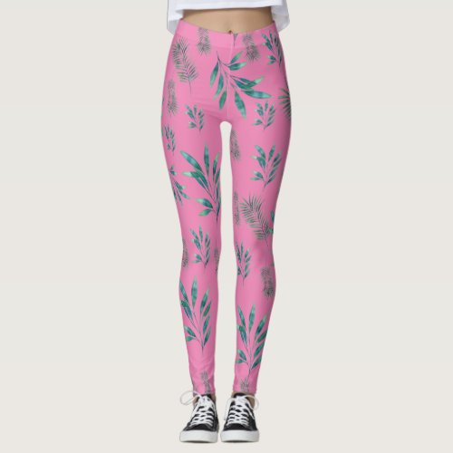 Pink and Green Watercolor Palm Leaves Leggings