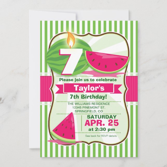 Pink and Green Watermelon, Kid's Birthday Party Invitation (Front)