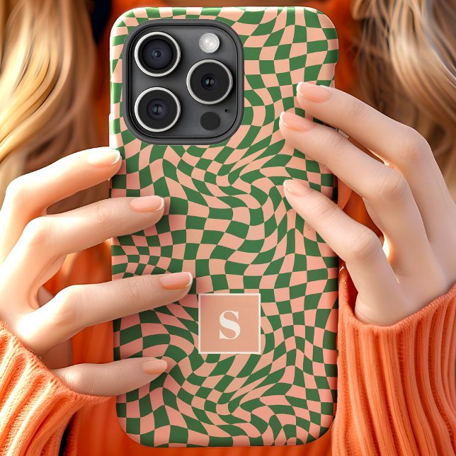 Pink And Green Wavy Checkered Monogrammed Case-Mate iPhone Case (Creator Uploaded)