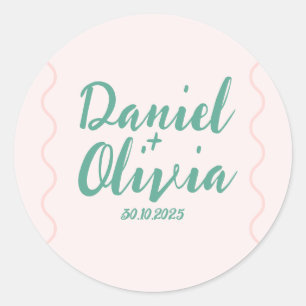 Pink and Green Wavy Wedding Classic Round Sticker