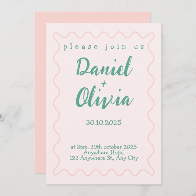 Pink and Green Wavy Wedding  Invitation (Front/Back)