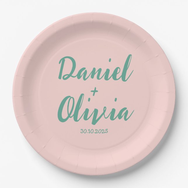Pink and Green Wavy Wedding  Paper Plates (Front)