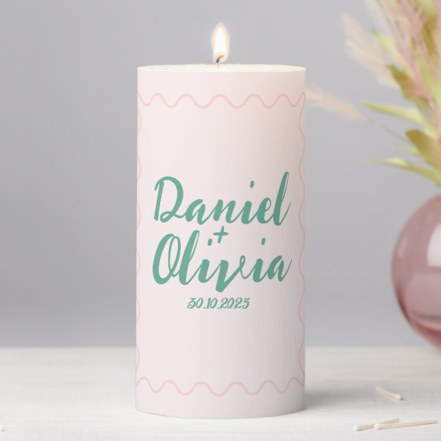 Pink and Green Wavy Wedding  Pillar Candle (In Situ)