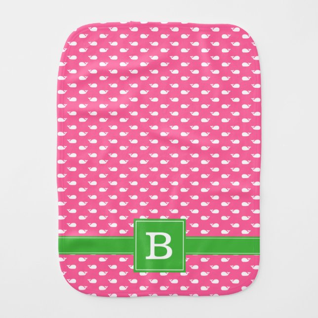 Pink and Green Whimsical Whales Pattern Monogram Baby Burp Cloth (Front)