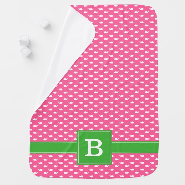 Pink and Green Whimsical Whales Pattern Monogram Receiving Blanket (In Situ)