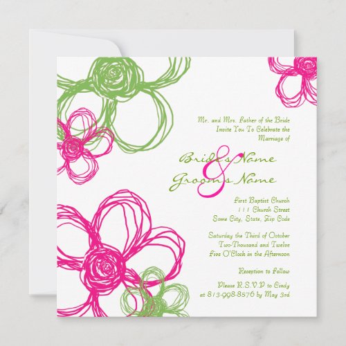 Pink and Green Wild Flowers Wedding Invitation