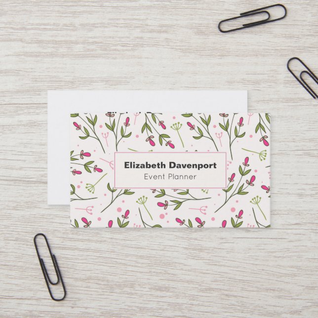 Pink and Green Wildflowers Pattern Business Card (Front/Back In Situ)