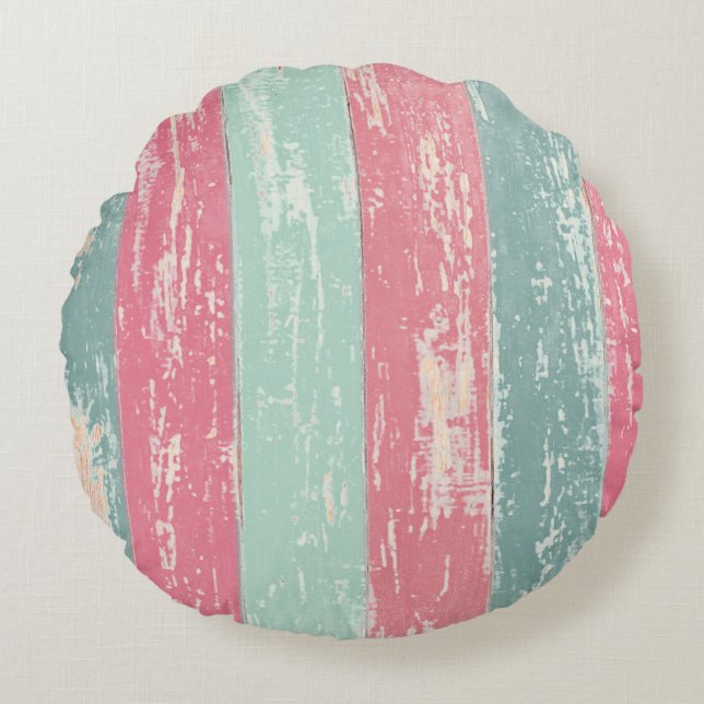 Pink and Green Wooden Fence Grunge Texture Round Pillow (Front)