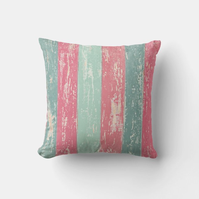 Pink and green wooden fence texture throw pillow (Front)