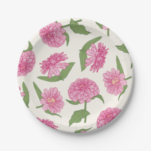 Pink and Green Zinnia Flowers Paper Plates