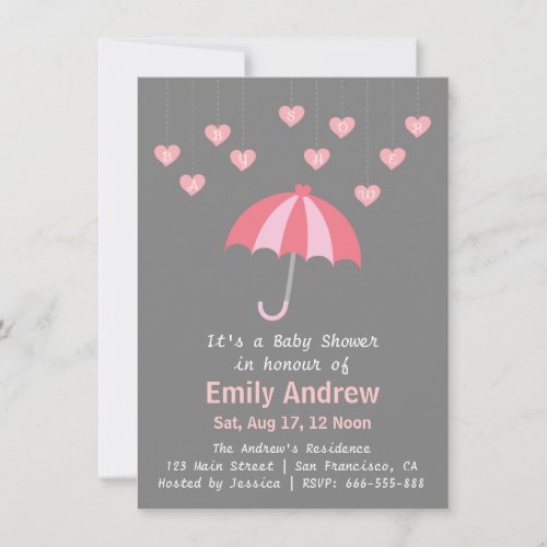 Pink and Grey Baby Shower with Love and Umbrella Announcements