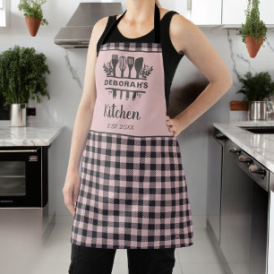 Pink and Grey Buffalo Plaid Kitchen Name Apron