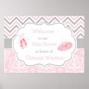 Pink and Grey Chevron Ballerina Baby Shower Poster