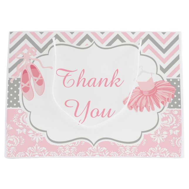 Pink and Grey Chevron Ballerina Birthday Thankyou Large Gift Bag (Front)