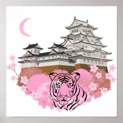 Pink and Grey Chinese Temple with Cherry Blossoms Poster