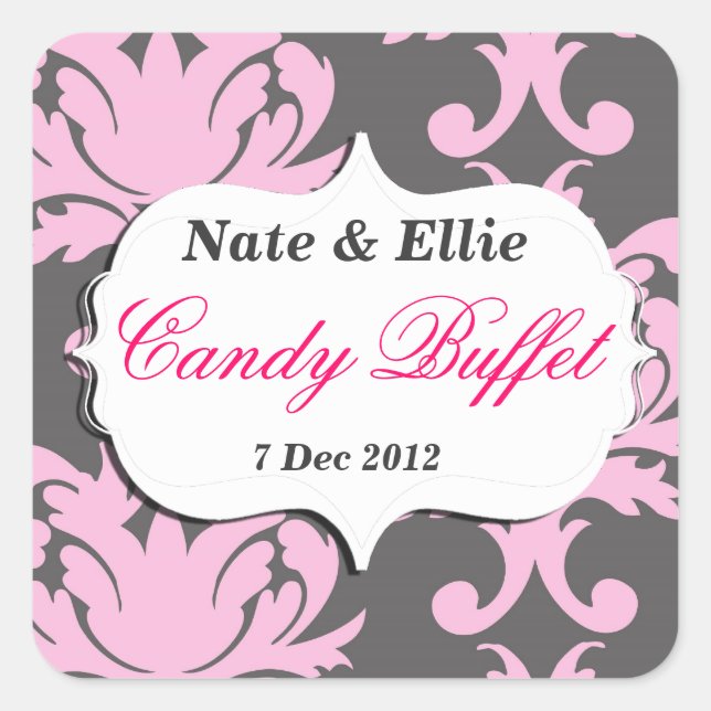Pink and Grey Damask Candy Buffet Sticker (Front)