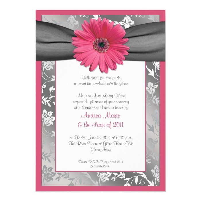 Pink and Grey Damask Graduation Invitation