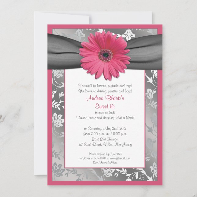 Pink and Grey Damask Sweet 16 Birthday Invitation (Front)