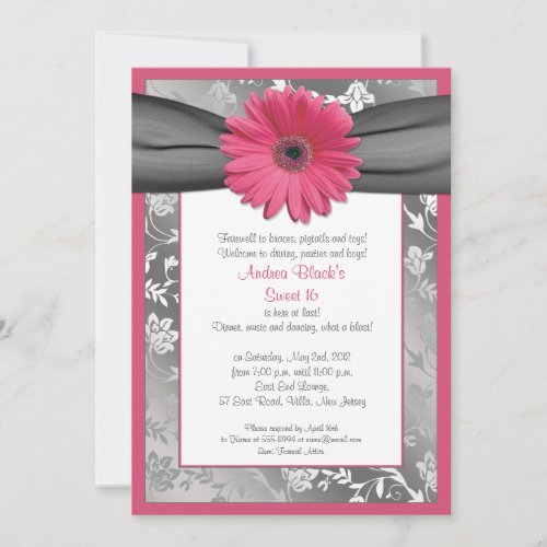 Pink and Grey Damask Sweet 16 Birthday Invitation