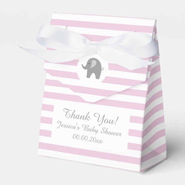 Pink and grey elephant baby shower party favor box (Front Side)