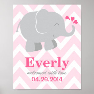 Pink and Grey Elephant   Modern Chevron Nursery Poster