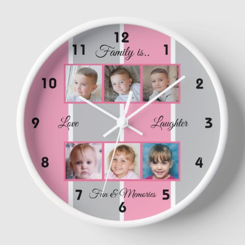 Pink and grey family photos clock