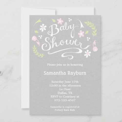 Pink and Grey Floral Baby Shower Invitation
