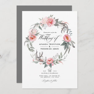 Pink and Grey Floral Bohemian Wedding Invitation