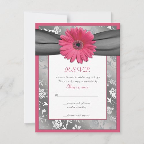Pink and Grey Floral Damask Wedding Reply Card Personalized Announcement