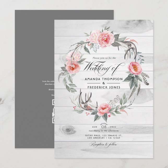 Pink and Grey Floral QR Code RSVP Bohemian Wedding Invitation (Front/Back)