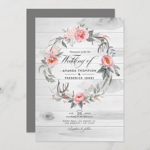 Pink and Grey Floral QR Code RSVP Bohemian Wedding Invitation