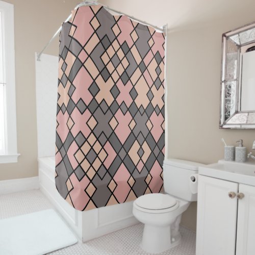 pink and grey geometric pattern shower curtain