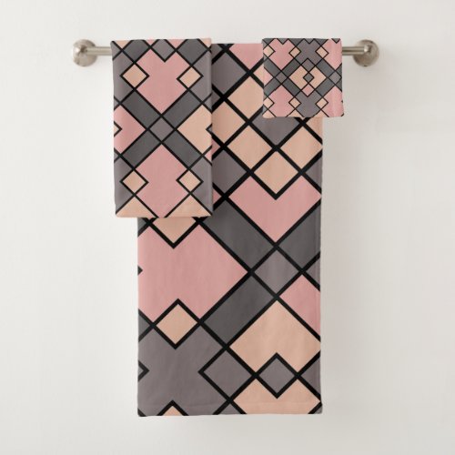 pink and grey grids pattern bath towel set