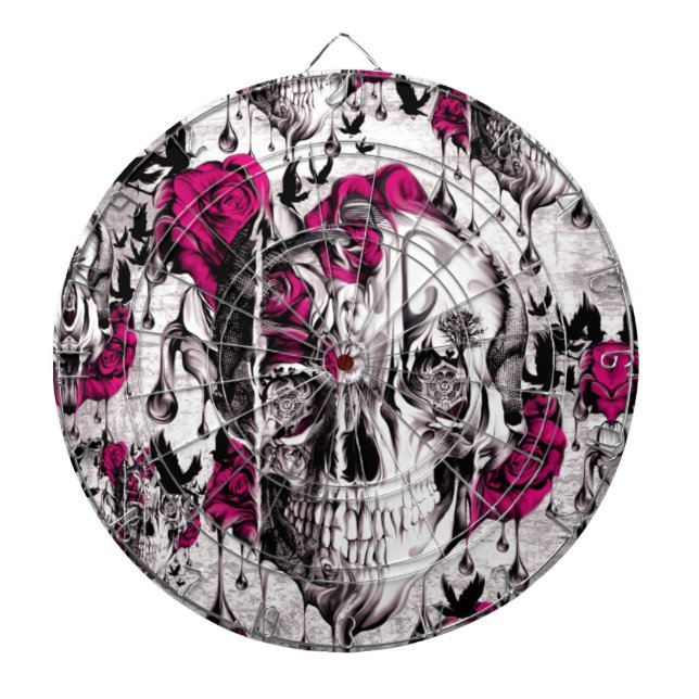 Pink and grey grunge melting skull dartboard (Front)