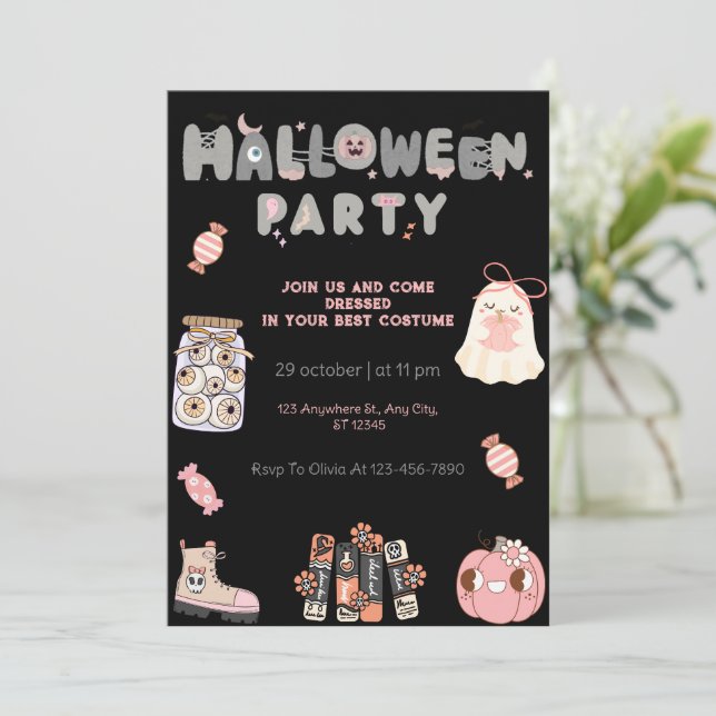Pink and Grey Halloween Party Cute Ghost & Spooky Invitation (Standing Front)
