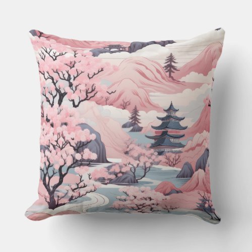 Pink and Grey Japanese Scenery Throw Pillow