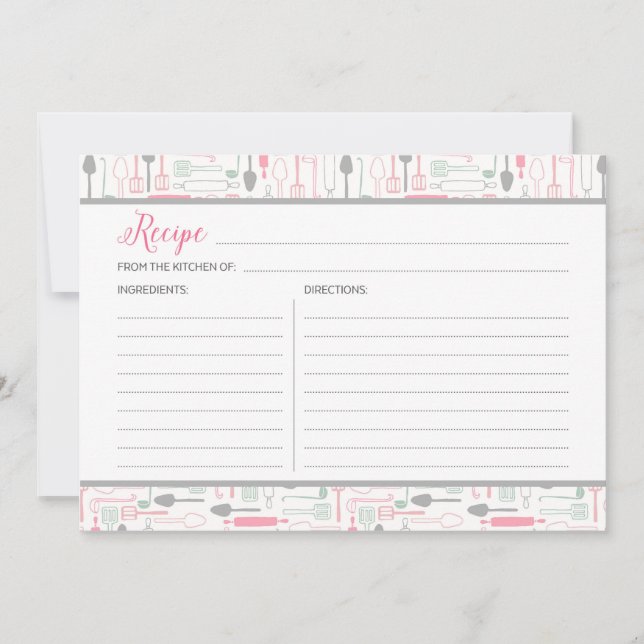 Pink and Grey Kitchen Tools Recipe Card (Front)
