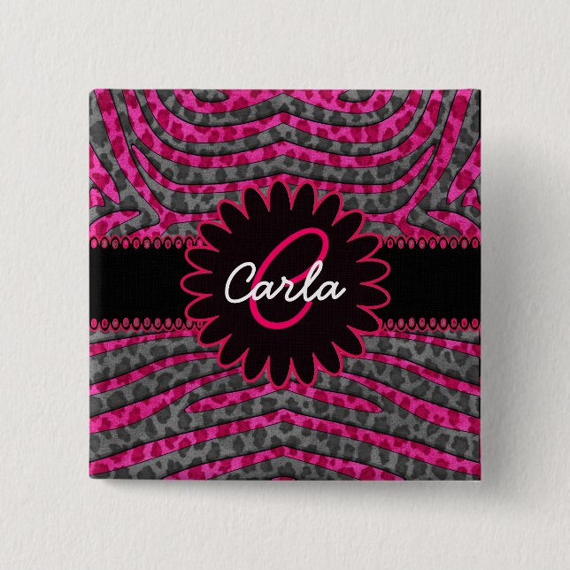 Pink and Grey Leopard Print in Zebra Stripes Button (Front)