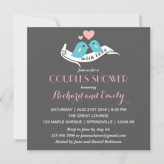 Pink and Grey Lovebirds Couples Shower Invitation (Front)