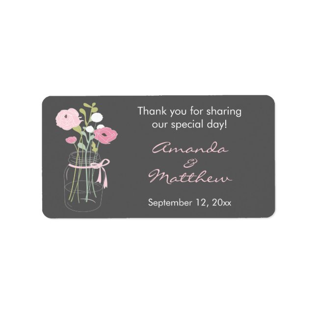 Pink and Grey Mason Jar Wedding Favor Labels (Front)
