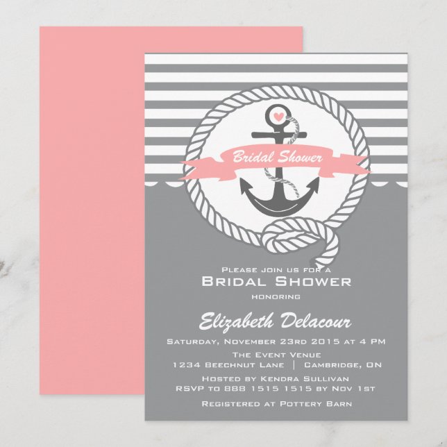 Pink and Grey Nautical Bridal Shower Invitation (Front/Back)