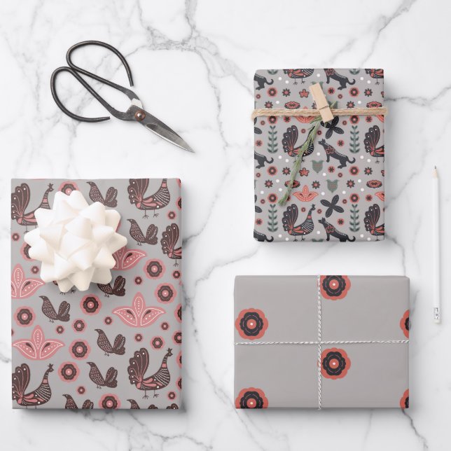 Pink and Grey Nordic Designs Wrapping Paper Sheets (Front)