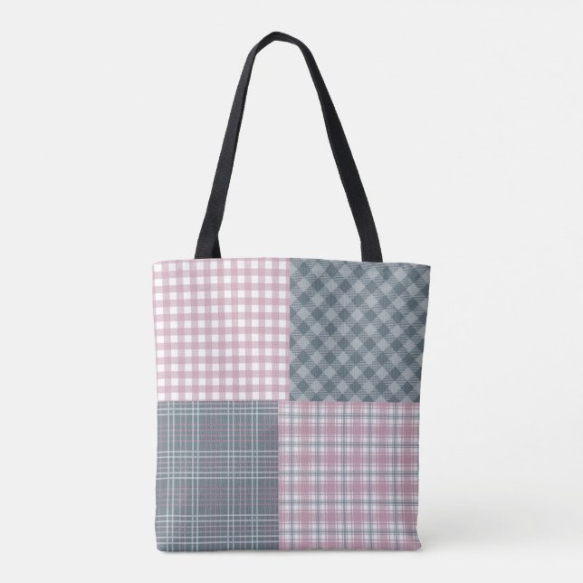 Pink and grey plaid patchwork personalized Tote Bag (Back)