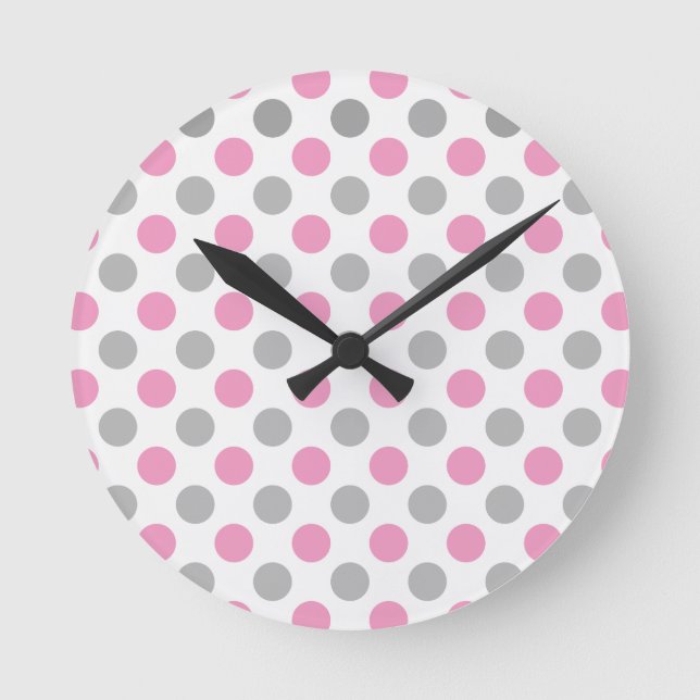 Pink and grey polka dots pattern round clock (Front)
