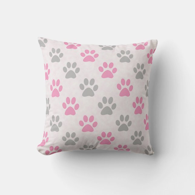 Pink and grey puppy paws pattern throw pillow (Front)
