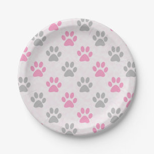 Pink and grey puppy paws print paper plates