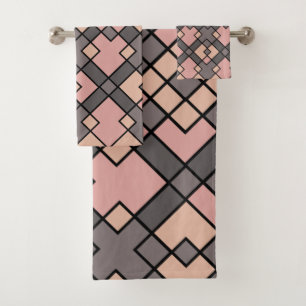 pink and grey rectangles pattern bath towel set