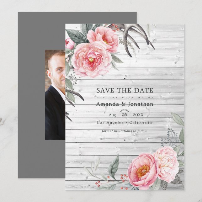 Pink and Grey Rustic Bohemian Floral Wedding Save The Date (Front/Back)
