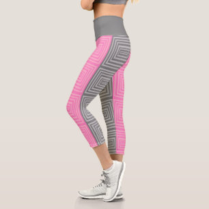Pink and Grey Squares Yoga Pants Capri Leggings