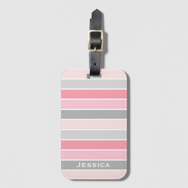 Pink and Grey Striped Personalised Luggage Tag (Front Vertical)